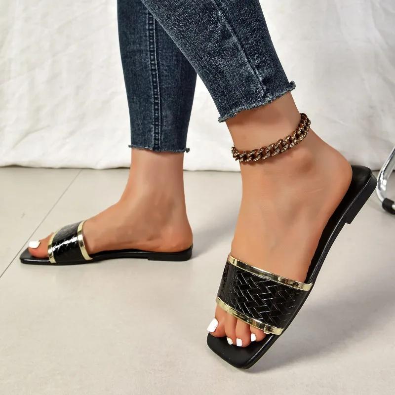 Chaussures pour femmes de haute qualité Peep Toe Pantoufles pour femmes Mode Paillettes Pantoufles quotidiennes Femmes Été Grande taille Pantoufles plates