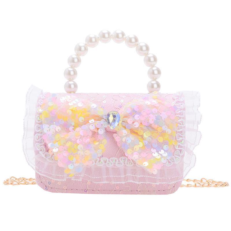 Trendy Girl's Pearl Handbag Stylish Lace Bowknot Princess Shoulder Bag For Kids