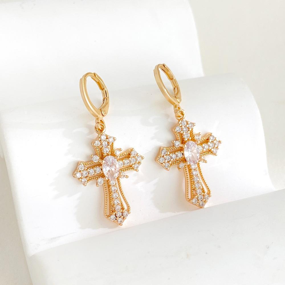 Sparkling Rhinestone Cross Pendant Hoop  Zirconium Stud Earrings Men and Women Punk Hip-hop  Jewelry Y2k