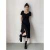 French Retro Dress Square Collar Niche Design Senior Sense of Black Waist-skimming Temperament Dress
