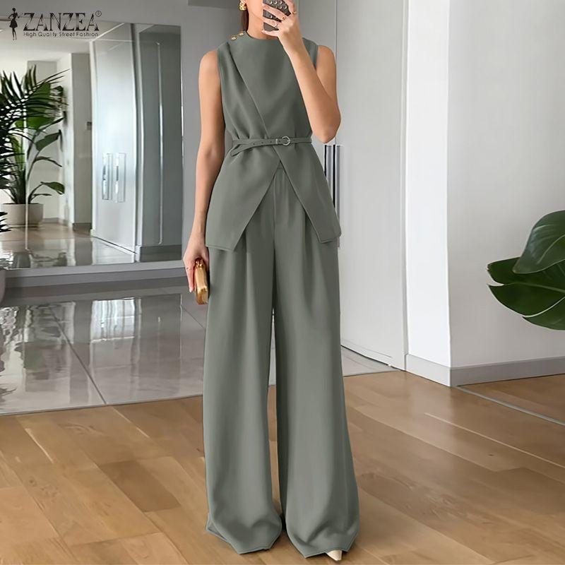 ZANZEA Women Sleeveless Vest Tops and Pants Casual Two Piece Suit Sets