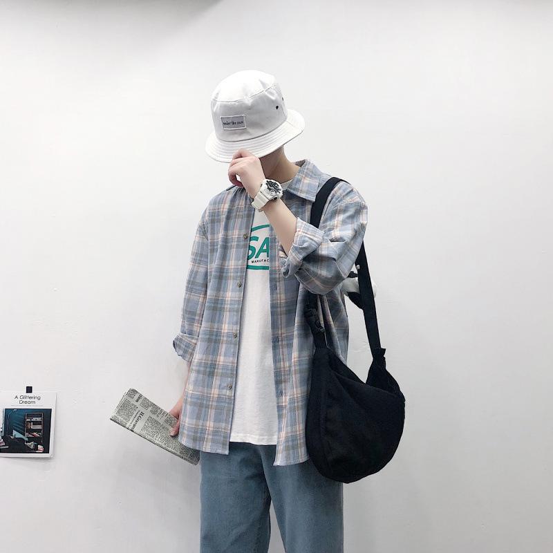 Men's Hong Kong Style Plaid Long-Sleeve Korean Shirt - Trendy Loose-Fit for Spring & Summer, Couple’s Jacket