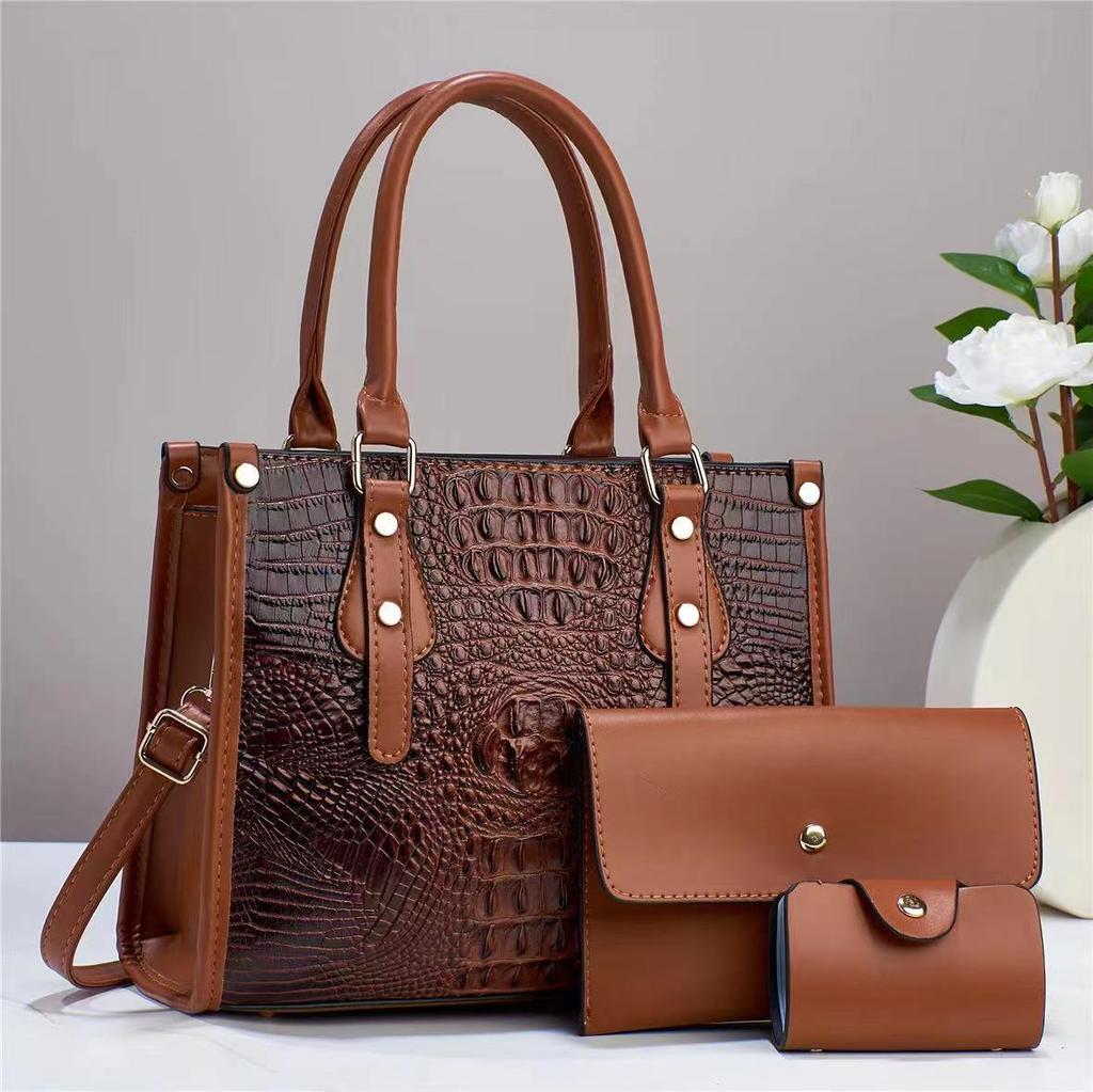 WTEMPO Juegos de Bolsos para Mujer Bolso de Color Sólido Juego de Tres Piezas Gran Capacidad Bolsos con Cremallera Cuero Sintético Patrón Cocodrilo Bolsos de Hombro Casuales Versátiles