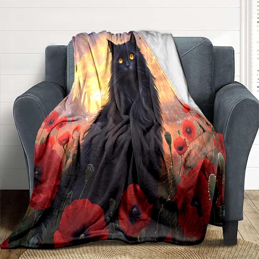 1pc Cat Flowers Blanket, Lightweight Flannel Throw Blanket For Sofa, Bed, Travel, Camping, Living Room, Office, Couch, Chair, And Bed