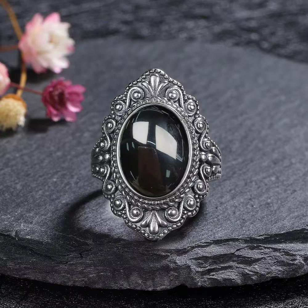 Vintage 925 Sterling Copper Ring Natural Black Onyx Ring Oval Round Stone Retro Fine Zircon Gift Sun Shaped For Women Men