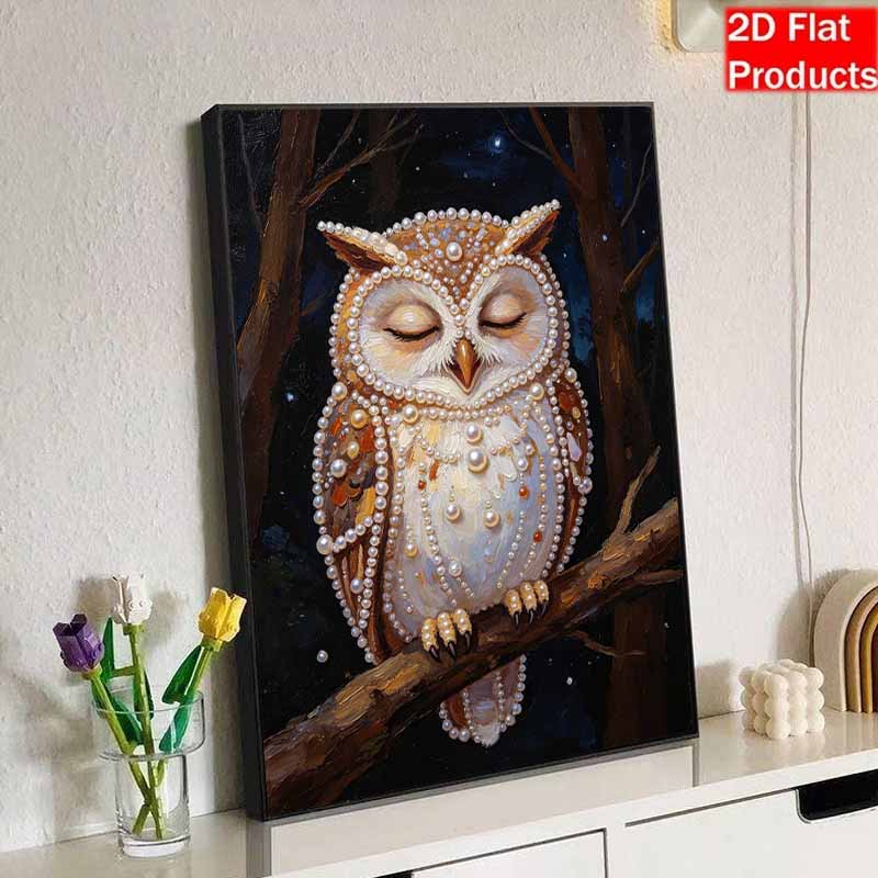 Sparkling Pearl Painting on Stretched Frame Sleeping Owl at Night DIY Bead Art Canvas Relaxing Hobby Gift for Craft Lovers Home Decor