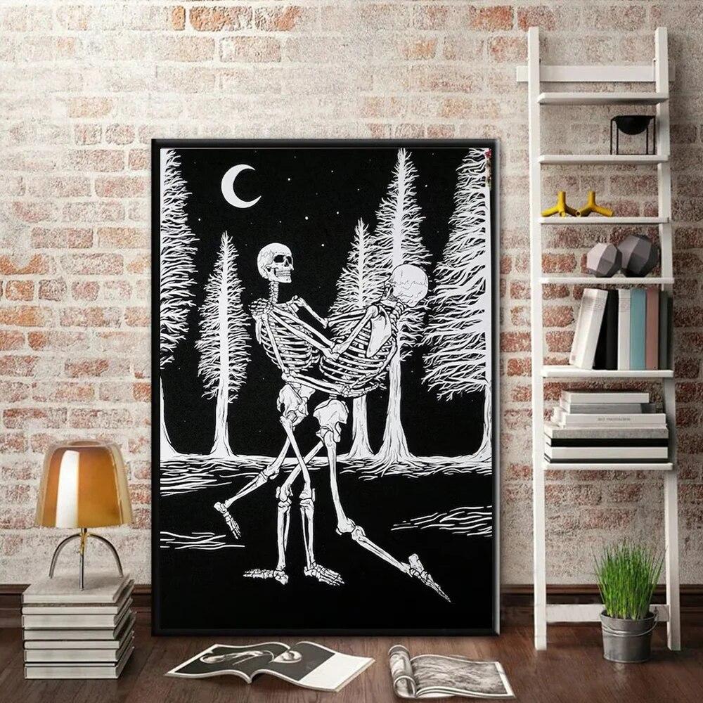 Black White Gothic Skeleton Canvas Painting Wall Art Dark Academia Art Abstract Skull Poster Prints For Living Room Home Decor No Frame