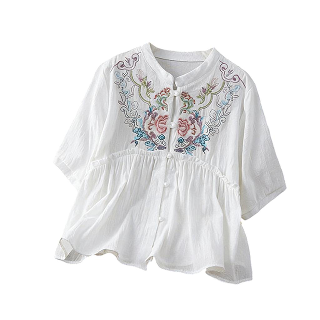 Women's Retro Loose Fit Linen Cotton Blouse With Buttons And Embroidery
