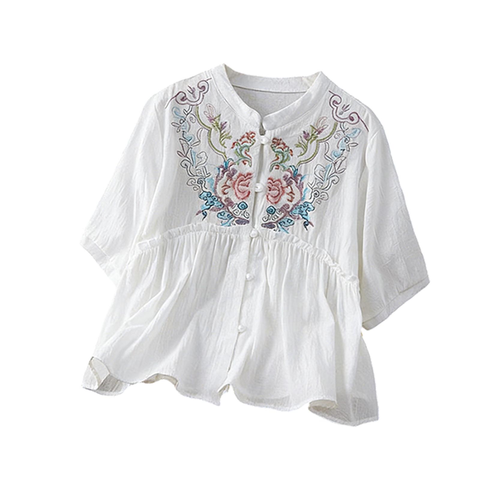 Women s Retro Loose Fit Linen Cotton Blouse With Buttons And Embroidery XXL белый