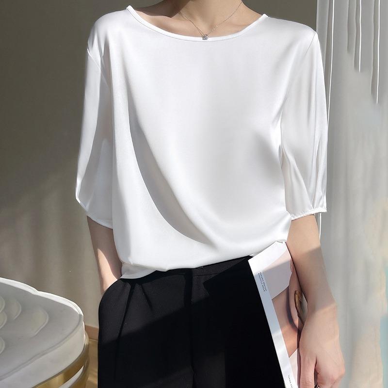 Women S Summer Round Neck Loose Fit Solid Color T Shirt