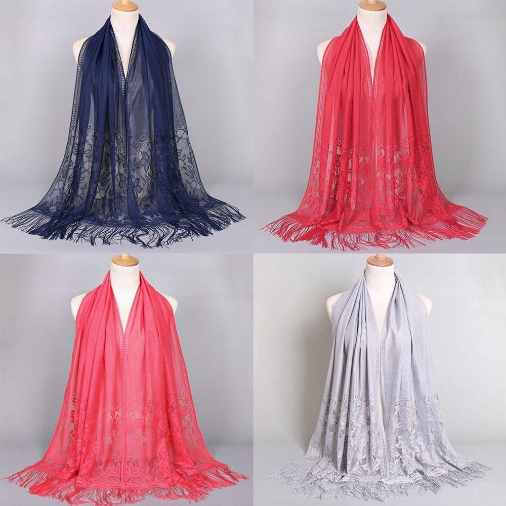 Cross-Border Solid Color Lace Scarf Cotton Blend Muga Silk Hollow Scarf Hollow Design Tassel Trim Mesh Scarf Casual Wear