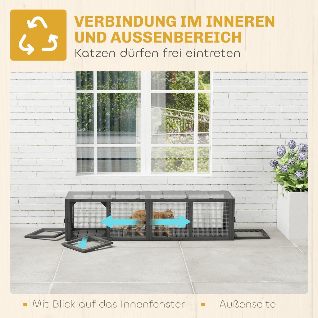 Cat Tunnel Cat Toy Made of Wood with 3 Doors, Expandable Play Tunnel for Cats Up To 10 Kg, 151.5 X 38.5 Cm Grey