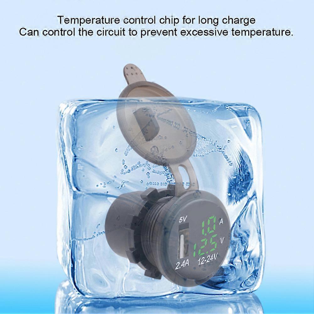 DC12-24V 2.1A 3 in 1 Multifunction Digital LED waterproof Thermometer Voltmeter Car USB Fast Charger Green Light