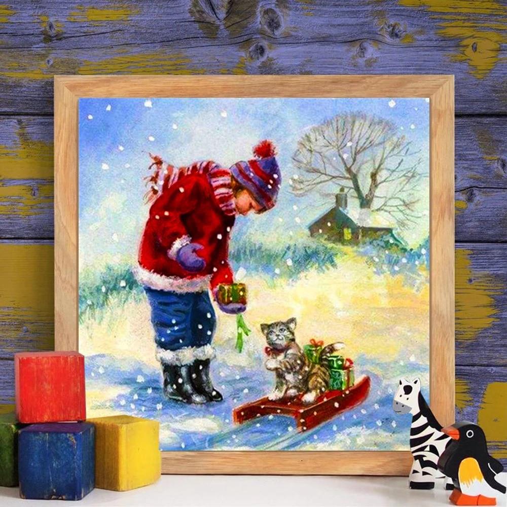 Full Drill Square Diamond Embroidery Christmas Winter Snow Diamond Painting Kid Cat Mosaic Landscape Decor For Home