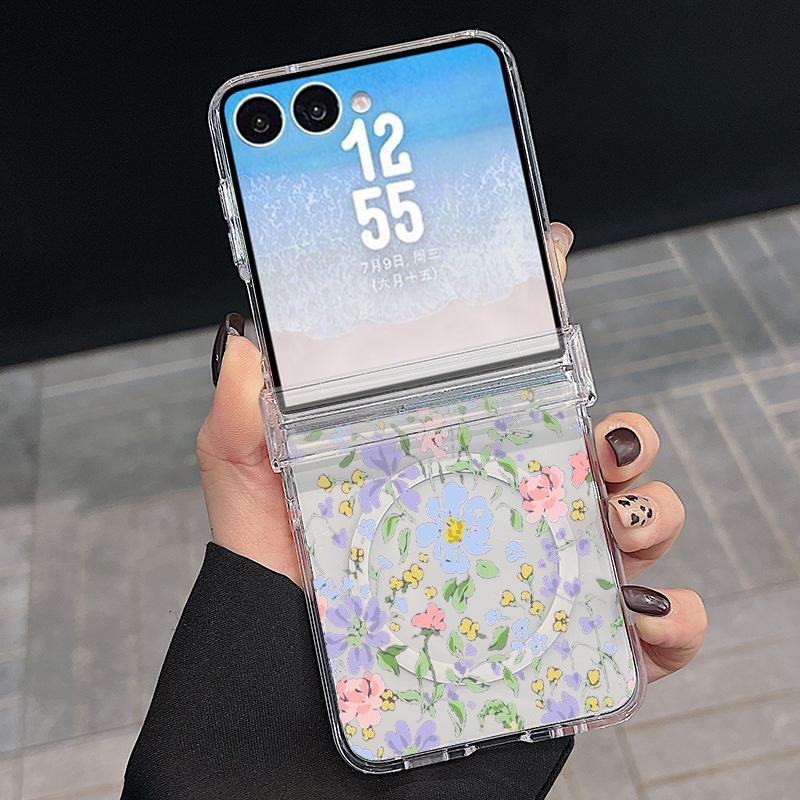 Vintage Floral Pattern Case For Samsung Galaxy Z Flip 8 7 FE 6 5 4 Flip7 Flip6 Flip8 Hinged Magnetic For Magsafe Hard Folding Phone Cover