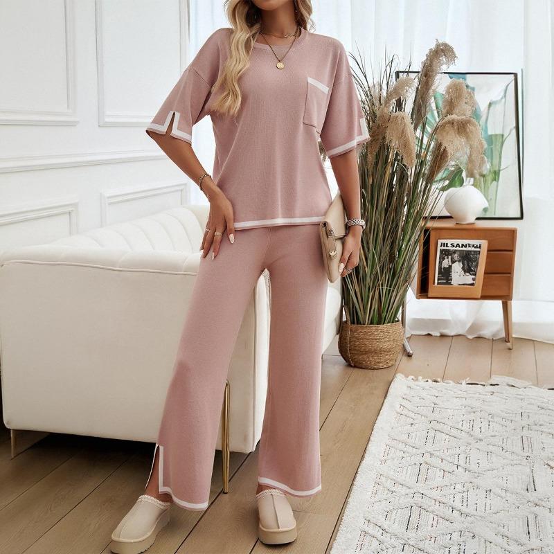 Women's Autumn and Winter Temperament Communicator Collision Short Sleeve Long Pants Sweater Set