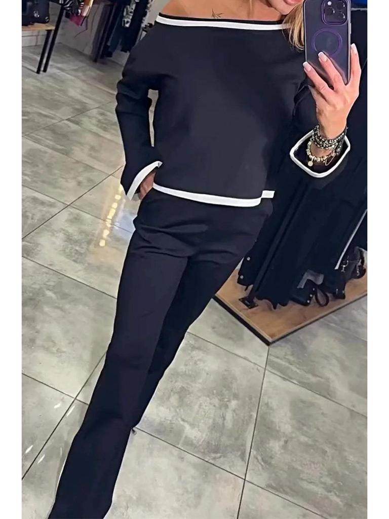 2024 Trendy Two-Piece Casual One-Shoulder Color Block Loose Fit Sport Set YX90035