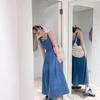 Blue Mist Love French Denim Dress Women's Summer Niche Design Sense Waist Temperament Suspender Long Dress