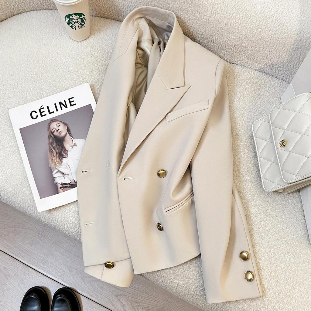 Women's Retro Beige Blazer: 2025 Spring/Autumn British Style High-End Streetwear Suit Jacket