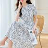 French Retro Round Neck Short-sleeved Floral Dress Summer New Cotton Medium and Long Shirt Skirt