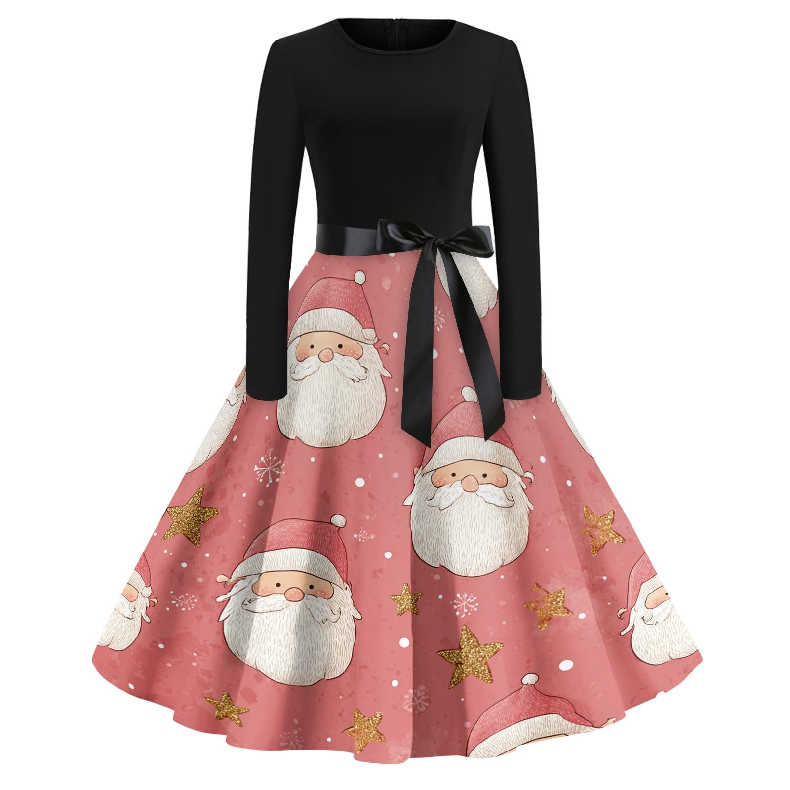 

Women s Casual Fashion Round Neck Christmas Printed Vintage Dress XL