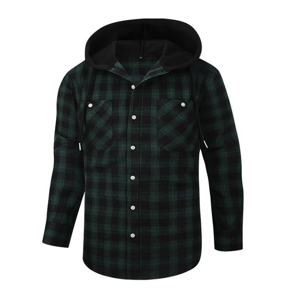 Mens Classic Plaid Long Sleeve Hooded Shirts Multi Pockets Thin Cotton Light Jacket Relaxed Fit Casual Outwear