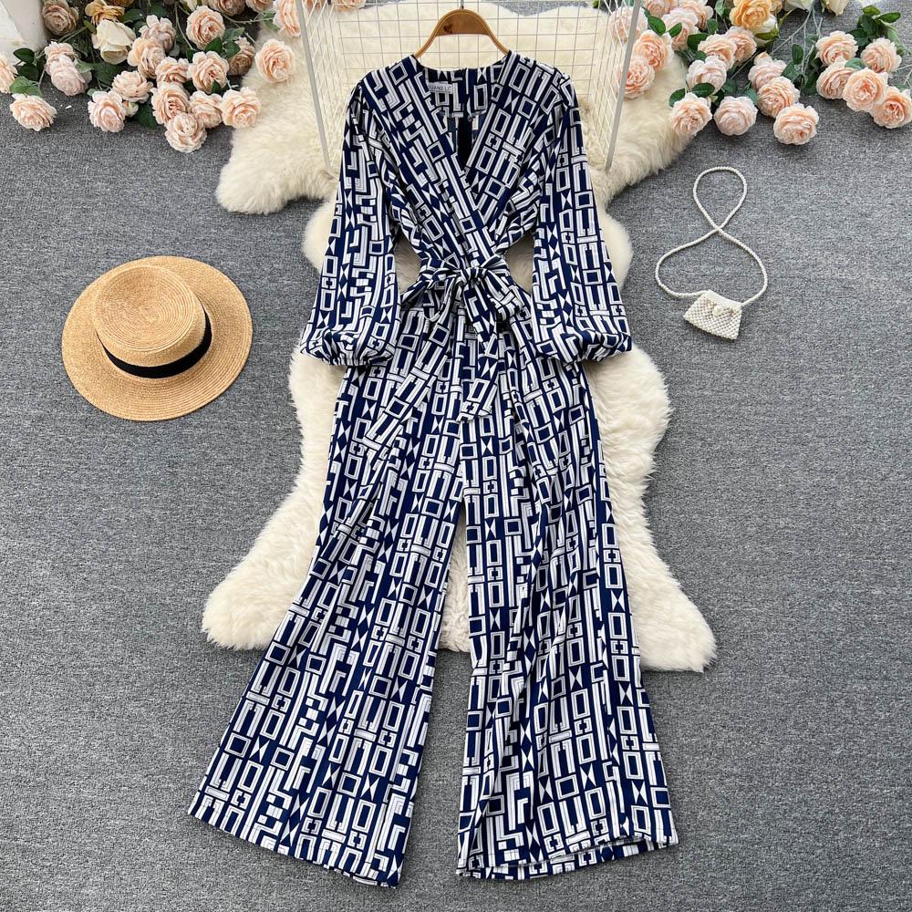 Blauer Overall, Sommer-Jumpsuits für Damen, bedruckt, lässig, hohe Taille, Schnürgurt, sexy Kleidung, Damen-Spielanzug, Overall, Damen-Eleganz