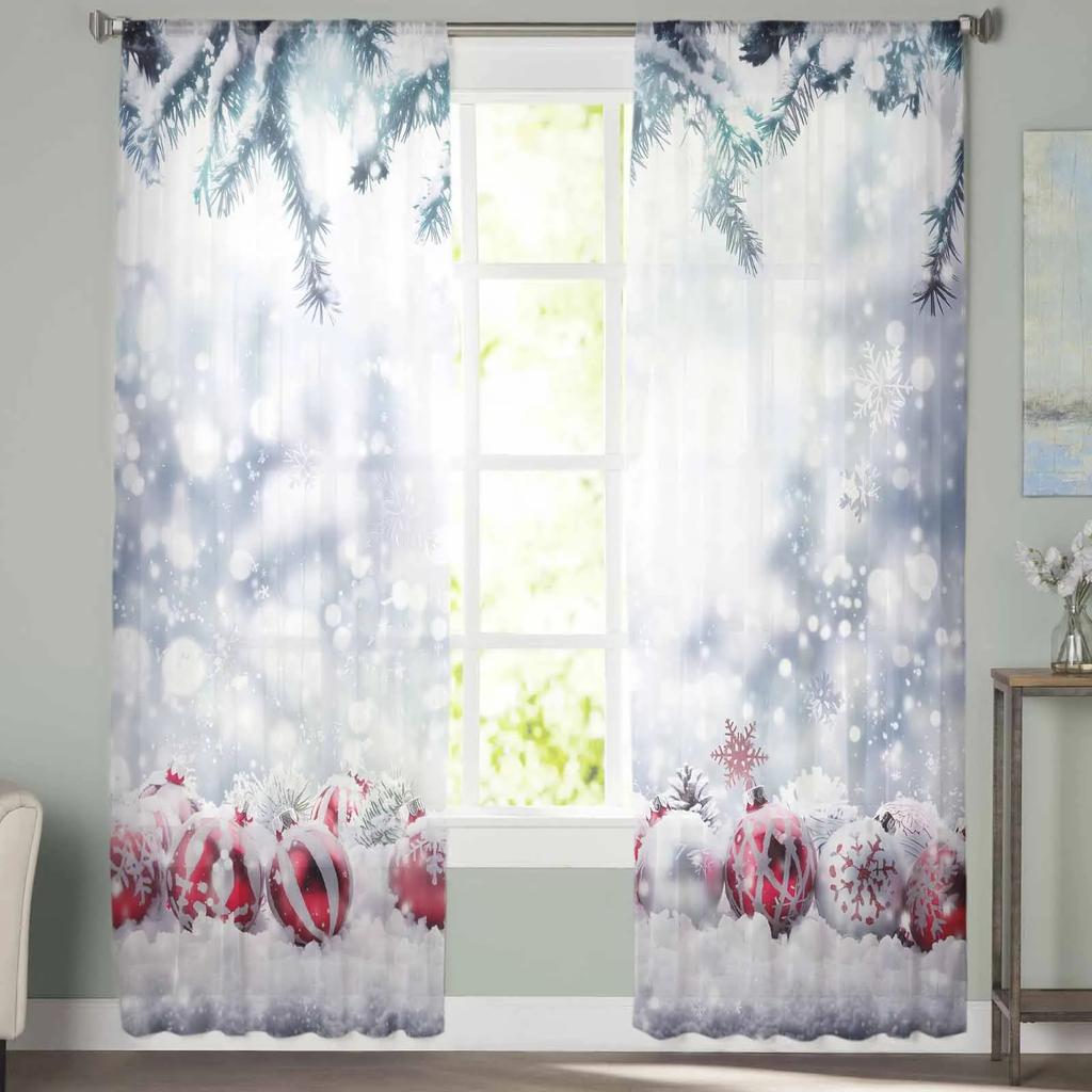 Weihnachts-Schneeball-Schergardinen zur Wohnzimmerdekoration Fenstergardinen Küchen-Tüll-Voile-Gardinen