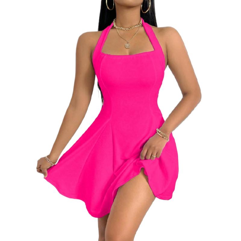 DAMEN rückenfreies ausgestelltes Neckholder-Kurzkleid schlafloses A-Linien-Minikleid