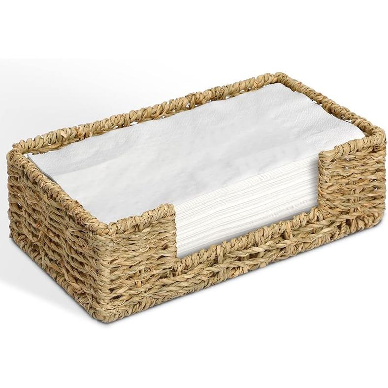 Bathroom Disposable Guest Towel Napkin Holder Long Seagrass Woven Rattan Wicker Table Dinner Paper Hand Guest Towel Napkin Basket Tray Caddy for L7.8  X W7.8  X H2.8