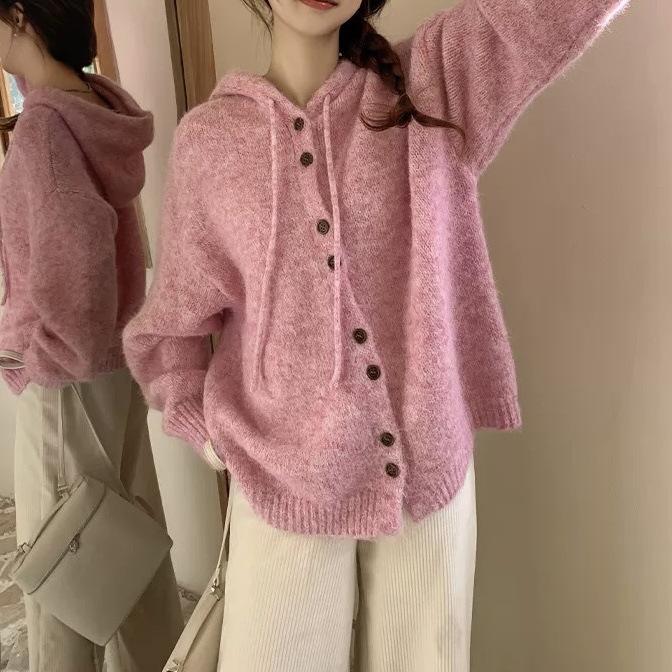 Autumn and Winter Cardigan Jacket Loose Solid Color Hooded Knit Sweater Top for Women
