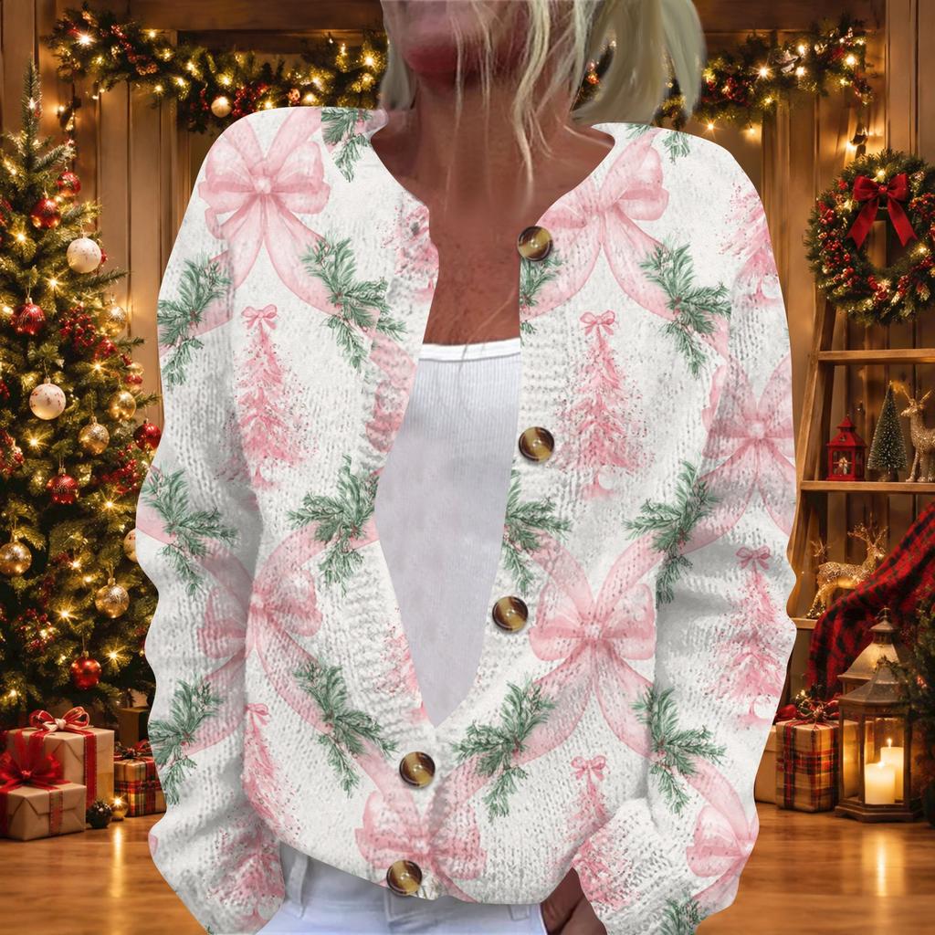 Women's Christmas Print Long Sleeve Knit Cardigan Button Down Sweater