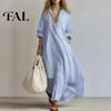 Loose Women Dress Striped Long Sleeve Dress, V-Neck Collar Maxi Shirt Fit for Summer Autumn, Breathable Casual Ladies