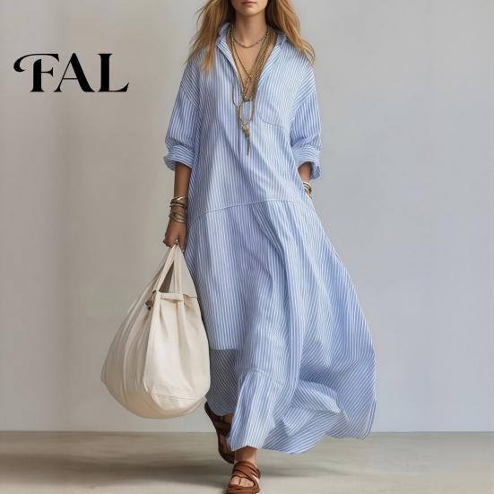 Loose Women Dress Striped Long Sleeve Dress, V-Neck Collar Maxi Shirt Fit for Summer Autumn, Breathable Casual Ladies