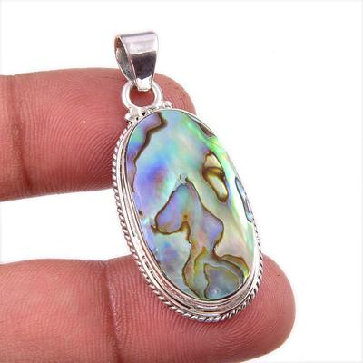 Natural Abalone Shell Gemstone 925 Solid Sterling Silver Gift Pendant 1.75" h6K60