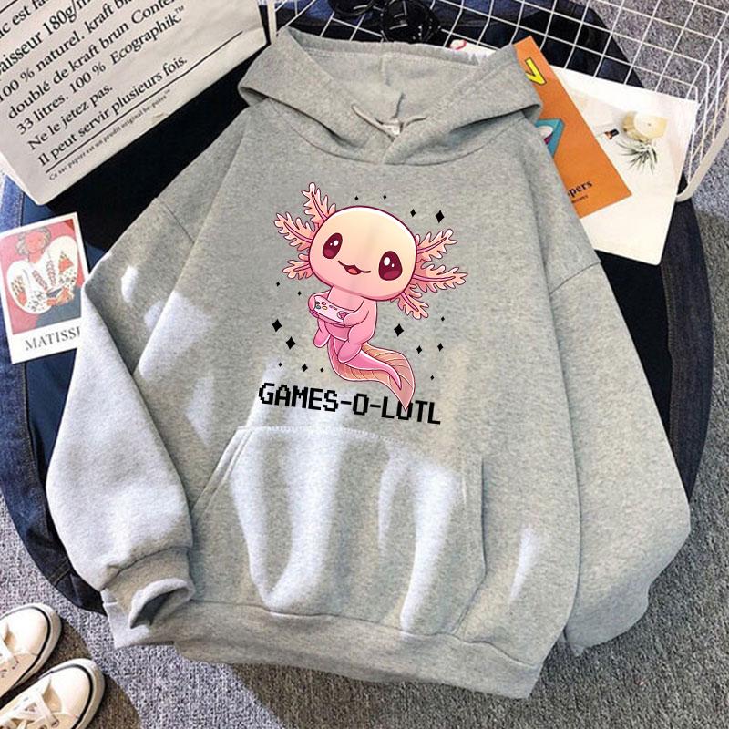 (Unisex hoodie)Cute Game Solotl Axolotl Video Gamer Letter Printing Hoodies Loose Sweatshirt Women Unisex Personality Long Sleeved