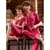 Summer Red Pajama Set for Couples: Ice Silk Zodiac Short Sleeve & Long Pants