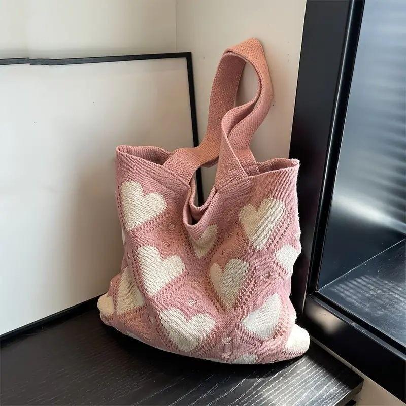 2026 New Ins Style Knitted Tote Bag with Heart Pattern Large Capacity Shoulder Bag for Women Daily Use and Shopping