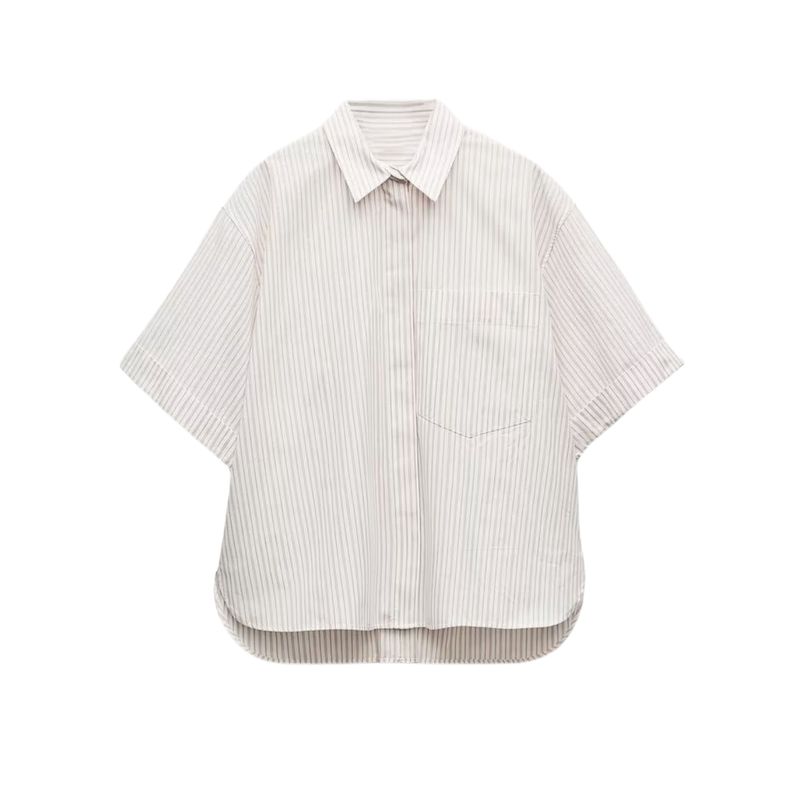 

Spring New Fashion Commute Minimalist All-Matching Lapel Curling Short Sleeve Pocket Decorated Poplin Shirt 2837200 Beige Stripes L