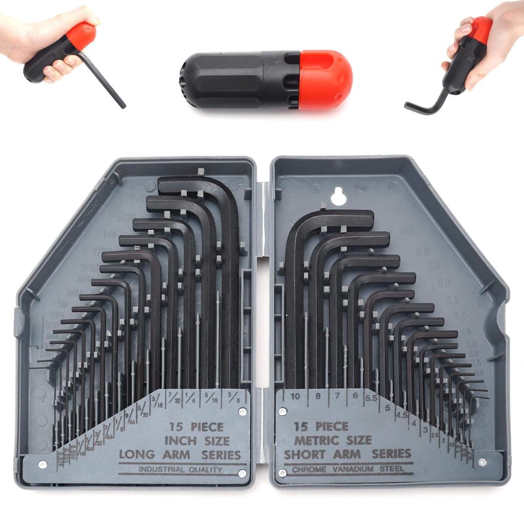 30PC Metric & Imperial Extra Long Blackened Hex Key Wrench Set with Extension Bar