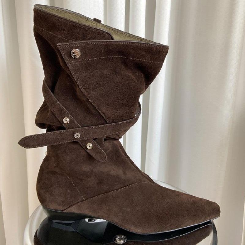 Rindslederversion~ Stiefel mit breitem Schaft zum Stapeln Stiefel mit mittelhohem Schaft Nischendesign Wind spitze Zehen Schnallengürtel Western-Cowboystiefel Damen