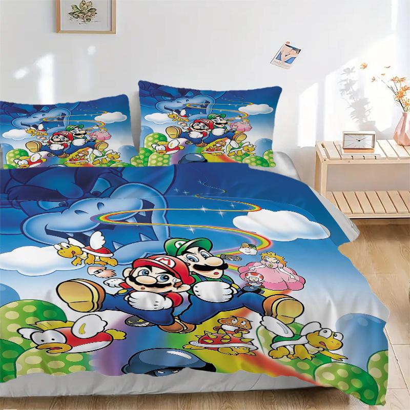 3pcs Mario Bros Characters Print Bedding Set (1 Cover + 2 Pillowcases, Without Inserts), This Printed Bedding Set is Soft and Comfortable, S