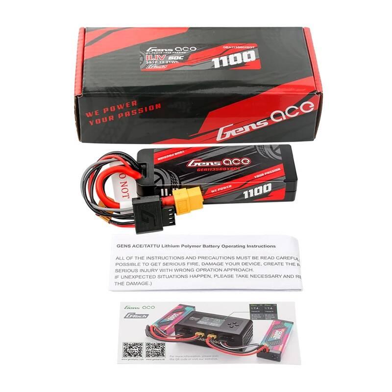 סוללת Lipo Gens Ace G-Tech 1100mAh 11.1V 3S1P 60C Grp-76 Hardcase עם מחבר Xt60