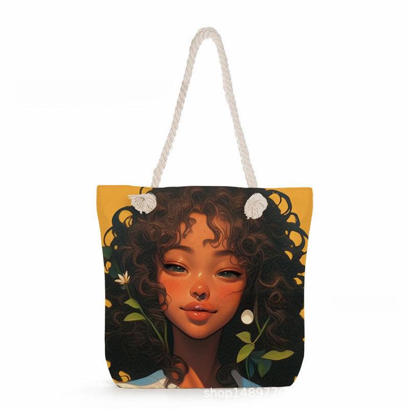 Multifunctional Black Girl Printed Thick Rope Shoulder Beach Bag 7573 KTB