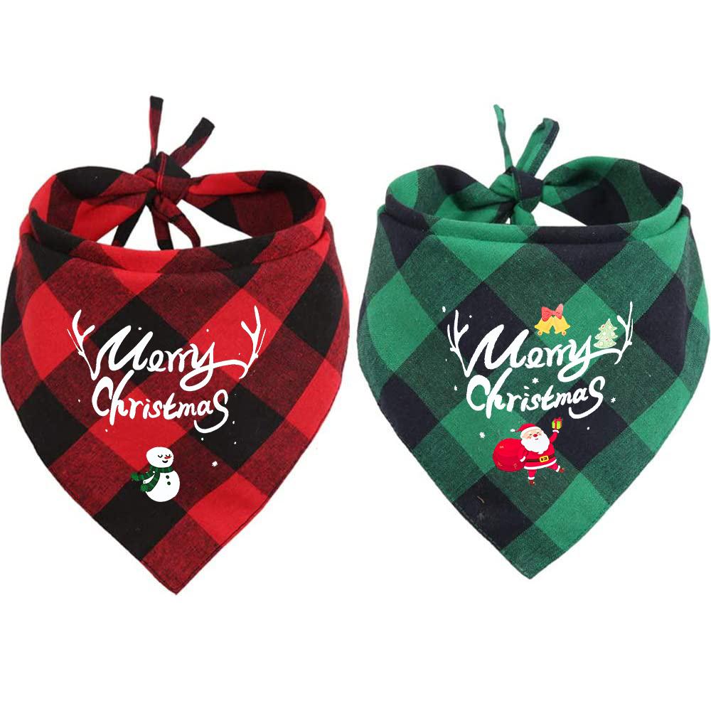 Merry Christmas 2 Pack Dog Bandana Christmas Classic Plaid Pet Scarf Santa Snowman Print Pet Drool Towel Xmas Accessories Scarf
