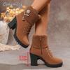 Autumn Winter Women's Brown Snow Boots Chunky High Heeled Black Botas Women Side Zipper Rhinestone Decors Botas Mujer Size35-41