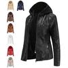 Women's Removable Hooded Faux Leather Jacket Motocross Racer Biker Double Zip Slim PU Motorcycle Short Moto Coat Classic Bomber Outerwear S-7XL