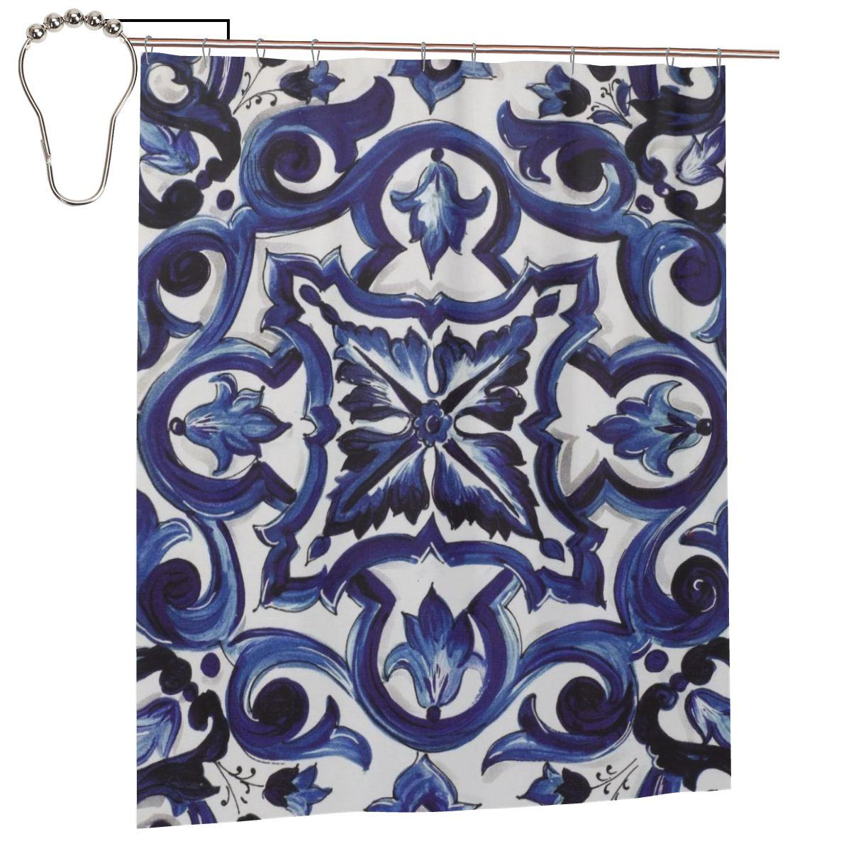 

Blue Ornate Floral Mediterranean Sicilian Tile Shower Curtain Bathroom Polyester Waterproof Bath Curtains With Hooks W60H190(CM)-1 Pcs