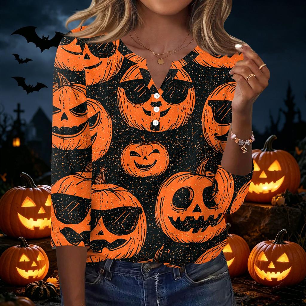 Women's Casual V Neck Button Front Halloween Print T Shirt Three Quarter Sleeve Top Lightweight Soft Fabric Comfortable Fit