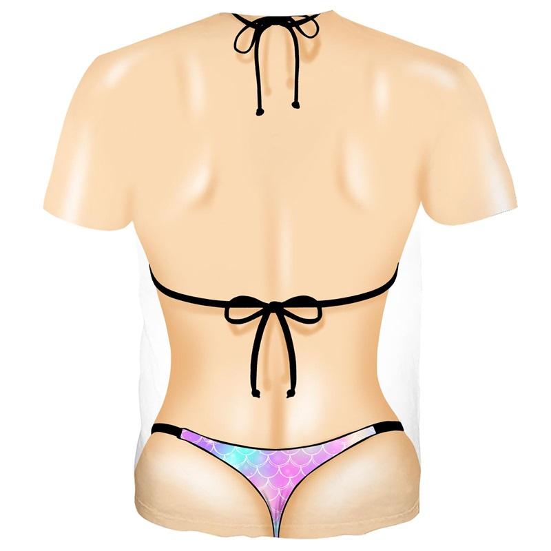 Ladies' bikini 3D printed fun T-shirt, men's oversized short sleeved T-shirt, creative printed casual T-shirt and round neck